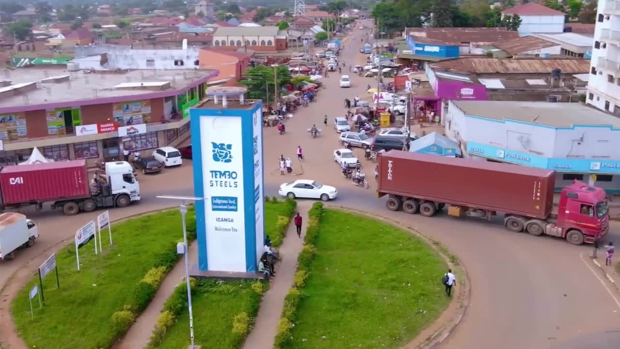 Aerial view of Iganga's central roundabout in Uganda